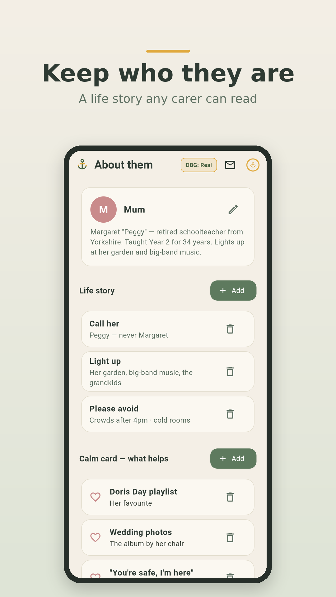 Anchorly life story screen with a person-centered profile and a calm card of what helps