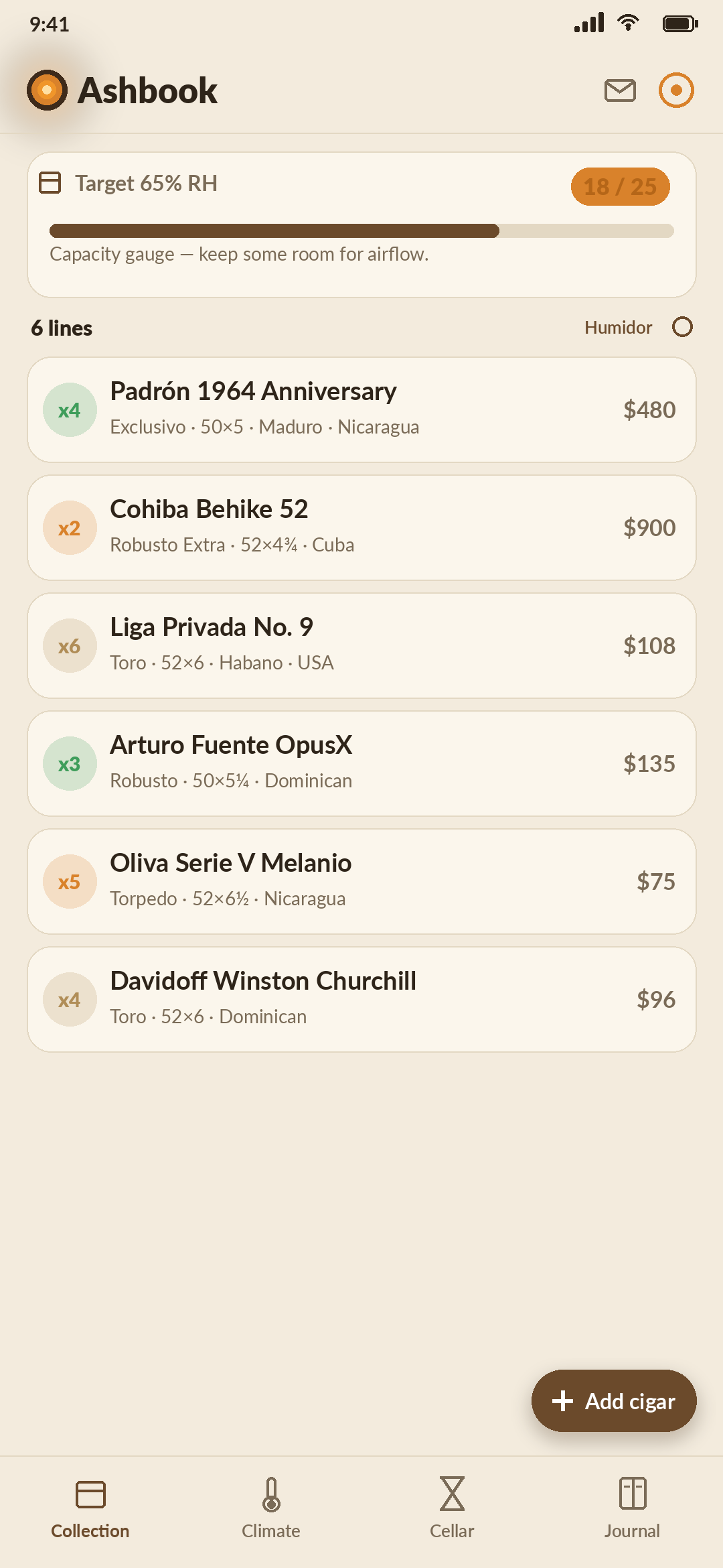 Ashbook — the Collection screen showing a cigar inventory with brand, vitola, ring gauge, quantity, and resting status for each stick