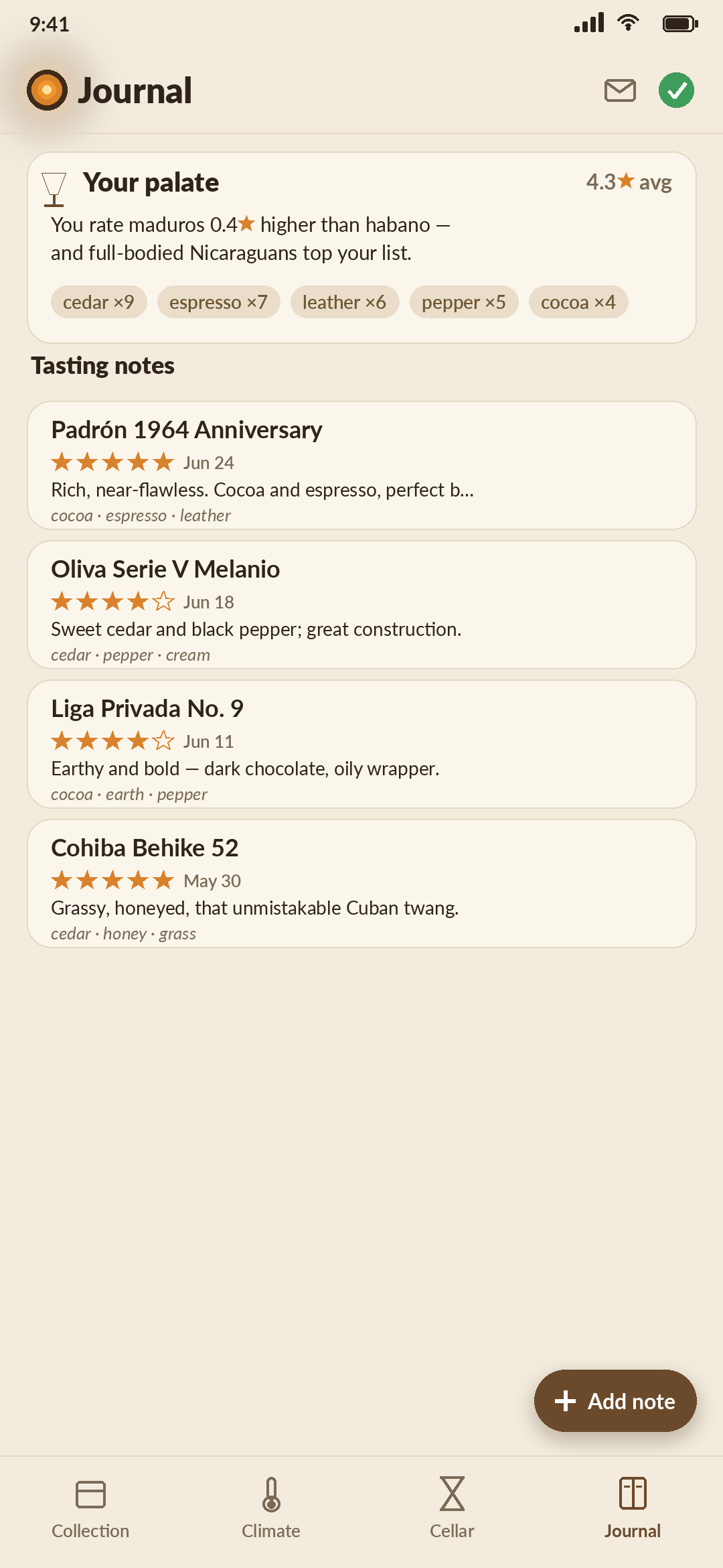 Ashbook tasting journal showing a smoke rating, flavor-wheel tags, and a palate profile summary