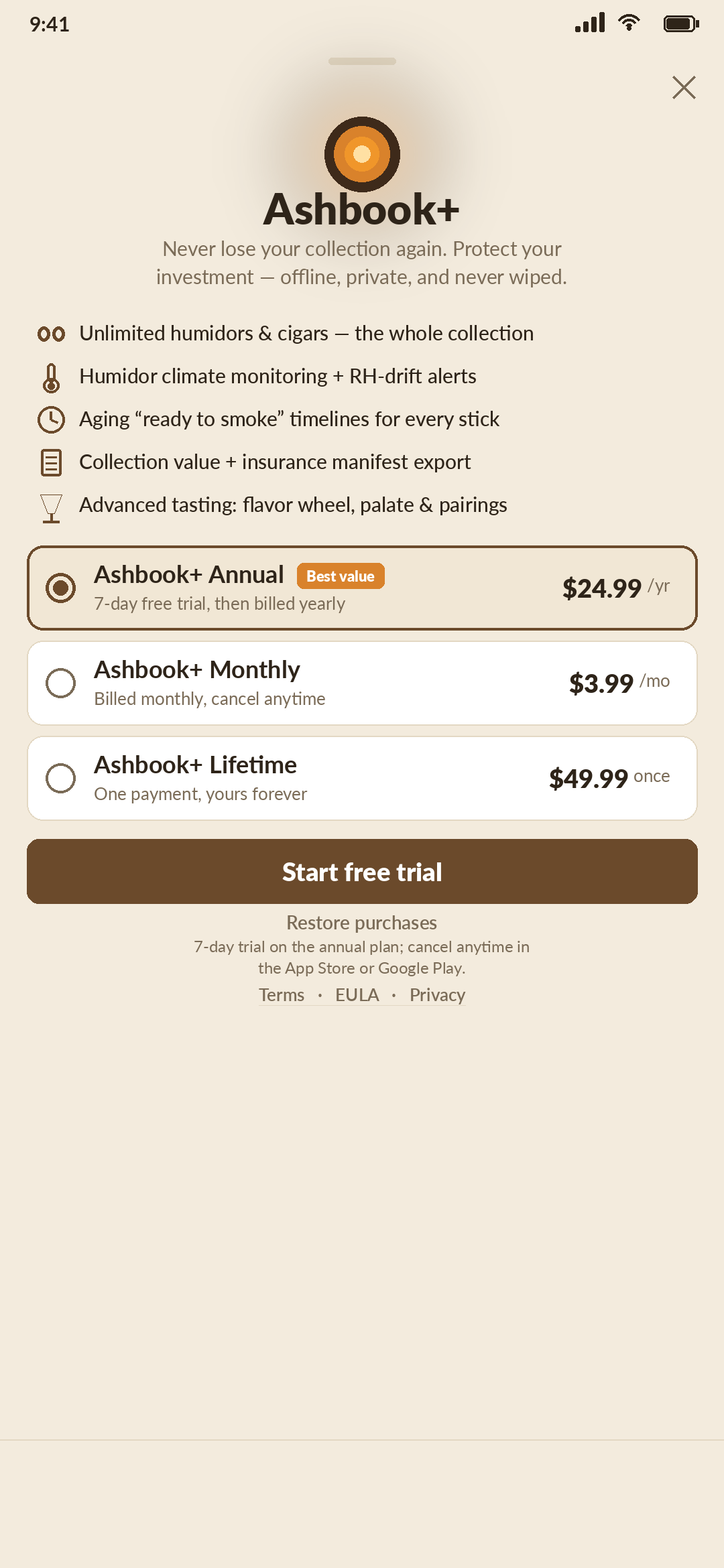 Ashbook+ screen showing honest, store-managed pricing that stays 100% on-device, with backup free for everyone