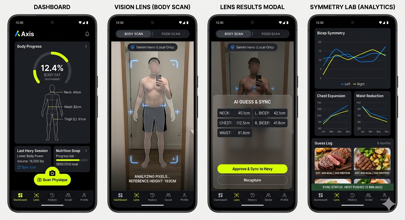 Axis App Screenshots showing Dashboard, Vision Scan, and Analytics screens