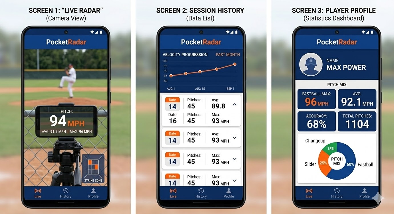 Baseball Tracker App Screenshots showing Live Radar, Session History, and Player Profile screens