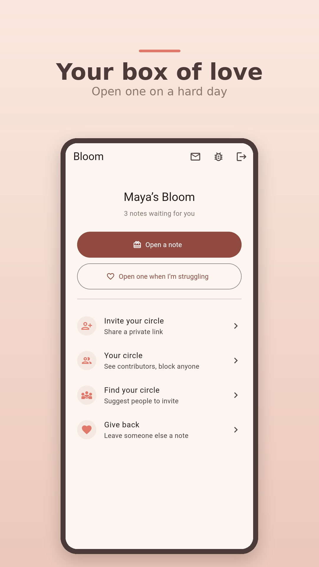 Bloom app showing a box of love with appreciation notes from family and friends