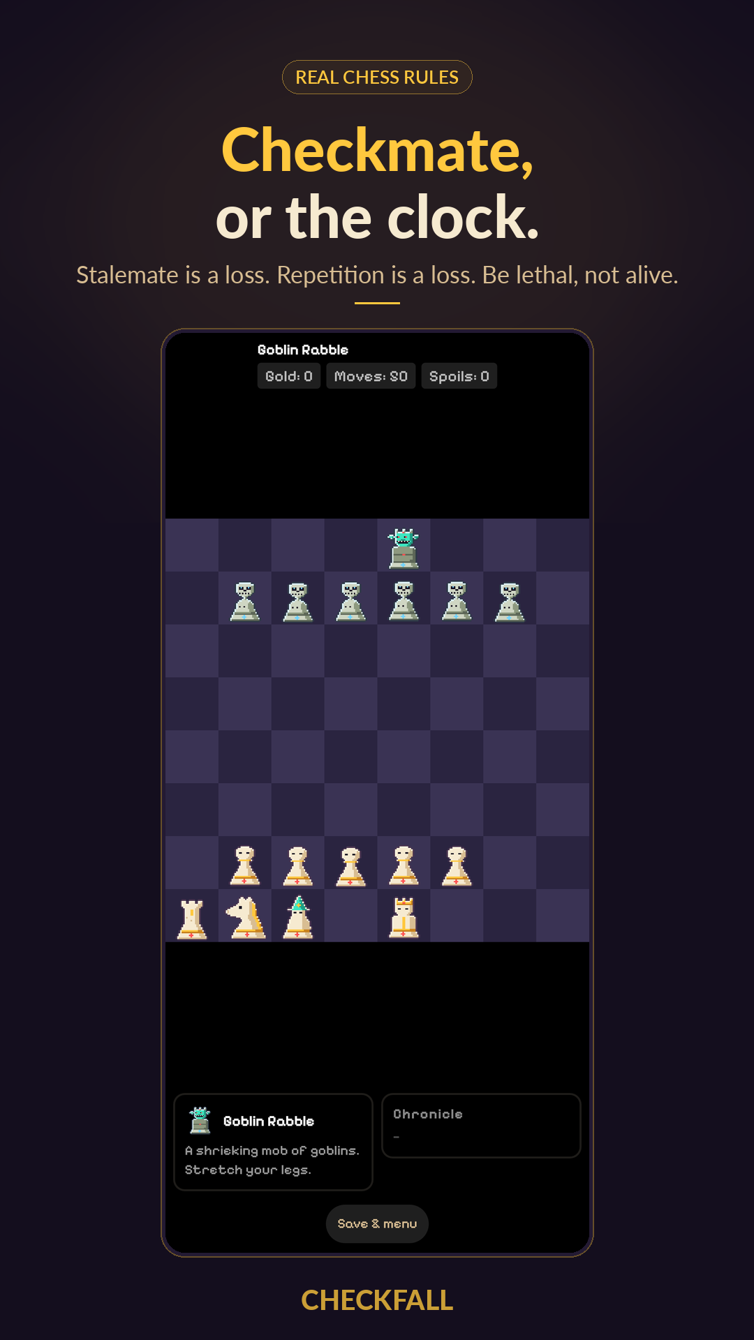 A Checkfall battle: your army of chess pieces facing a usurper on the board