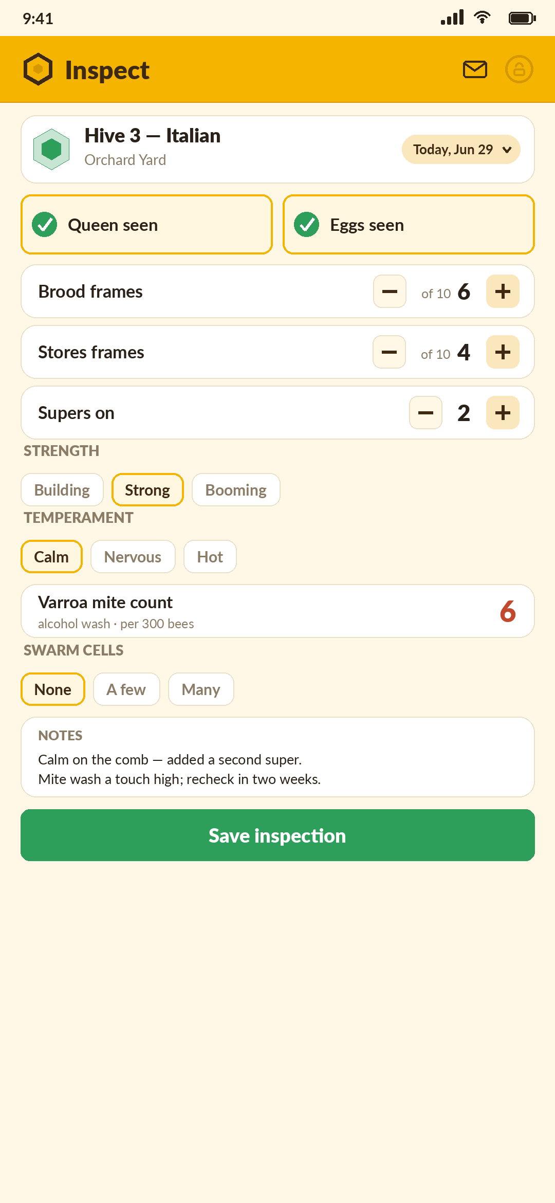 Combwise Inspect screen showing a glove-friendly hive inspection for Hive 3 with queen and eggs seen, brood and stores frame counts, strength, temperament, varroa mite count, and a Save inspection button
