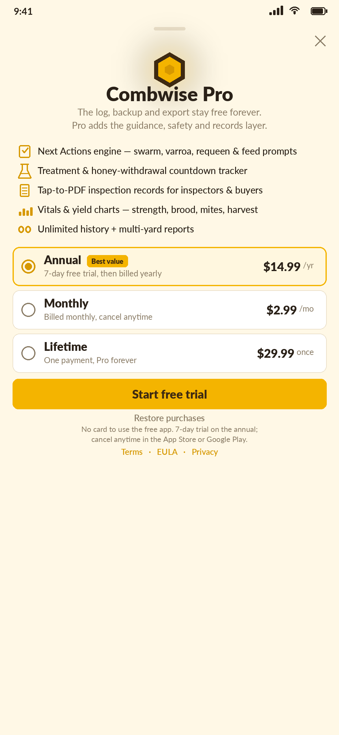 Combwise Pro screen showing the log, backup, and export stay free forever, with Annual, Monthly, and Lifetime pricing and a 7-day free trial