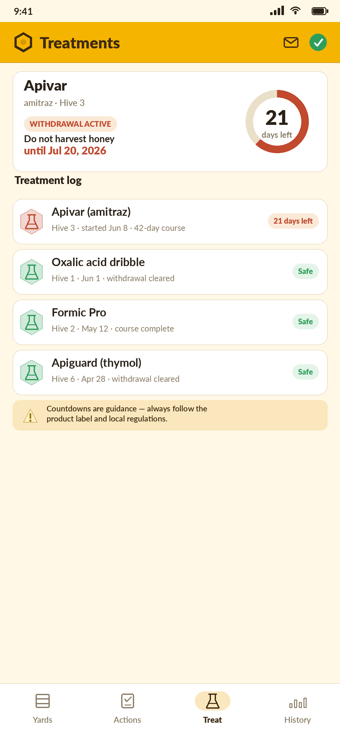 Combwise Treatments screen showing an active Apivar withdrawal with 21 days left and a do-not-harvest-honey date, plus a treatment log of safe and active mite treatments