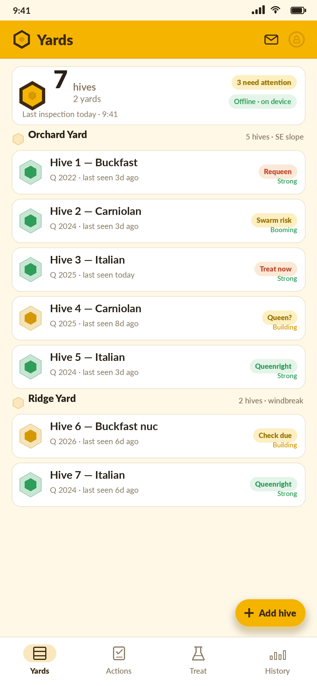 Combwise — the Yards screen showing two apiaries and seven hives with queen age, strength, and status chips like Requeen, Swarm risk, and Treat now, marked offline and on device