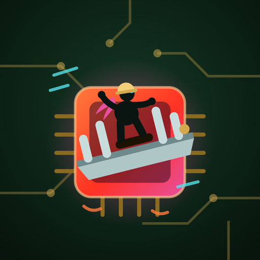 Coreheat app icon — Milli Ampere riding a CPU heatsink like a toboggan across a glowing red-hot processor on a gold-traced circuit board