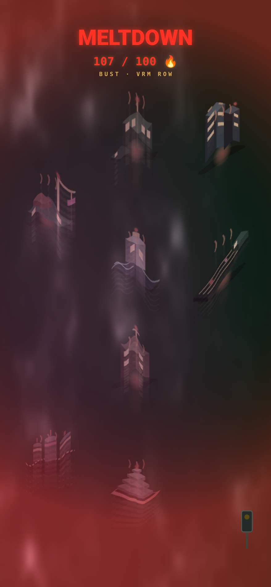 Coreheat's thermal meltdown — the heat gauge reads 111 of 100 and the whole isometric motherboard city is mid-slump, buildings sagging and smearing downward like wax under a red alarm vignette, with one traffic light still blinking in the puddle