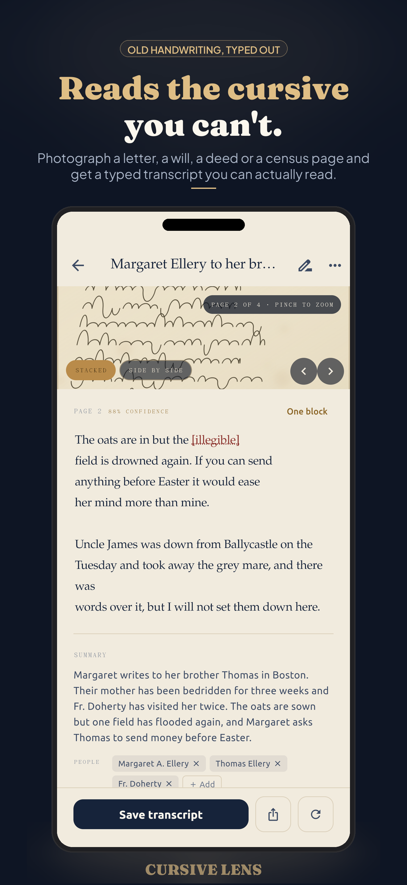 Cursive Lens typing out a handwritten 1800s letter, with illegible words marked and the people and places tagged