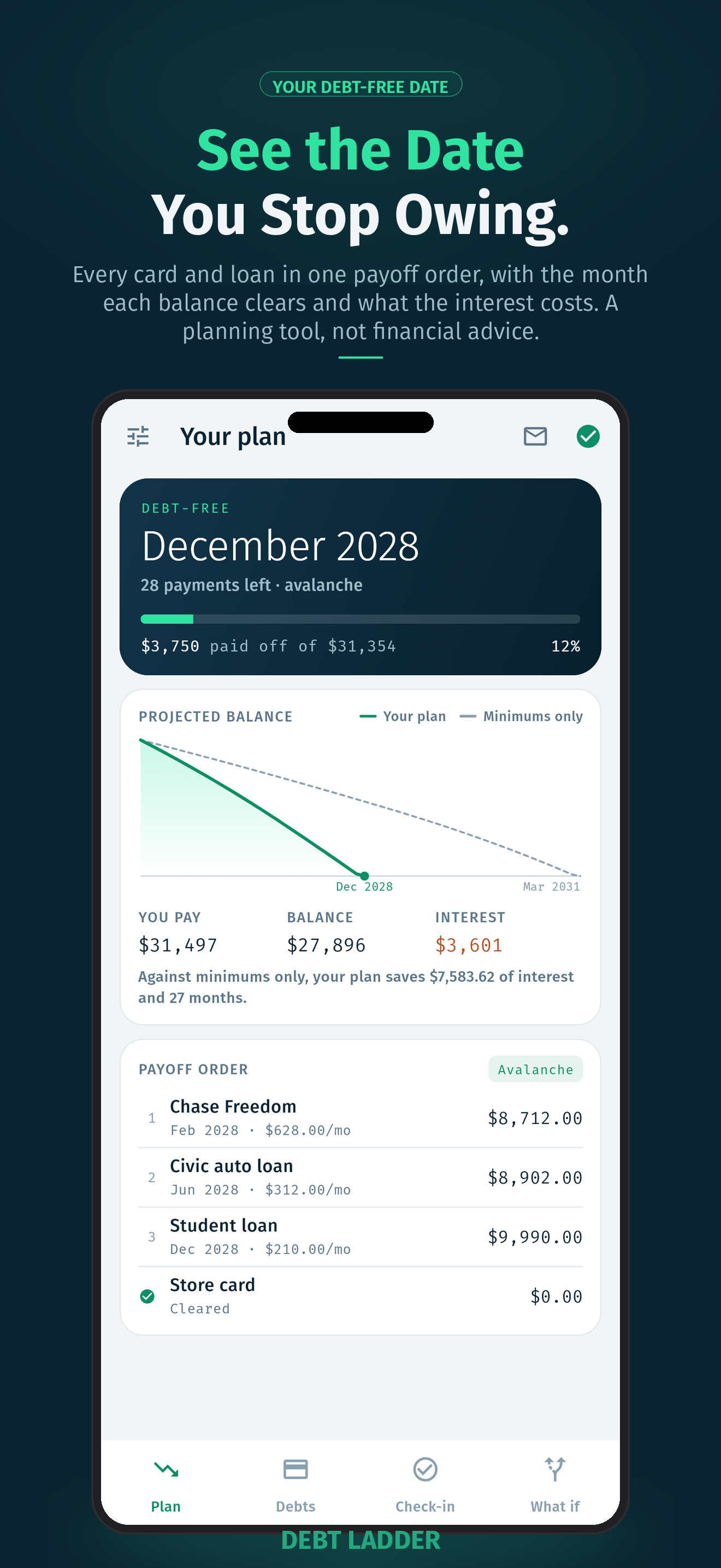 Debt Ladder's plan screen showing the debt-free date, projected balance and payoff order