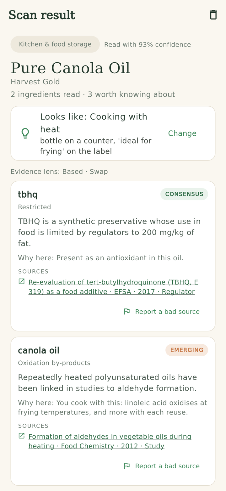 A scan result with tiered, sourced claims and the inferred use
