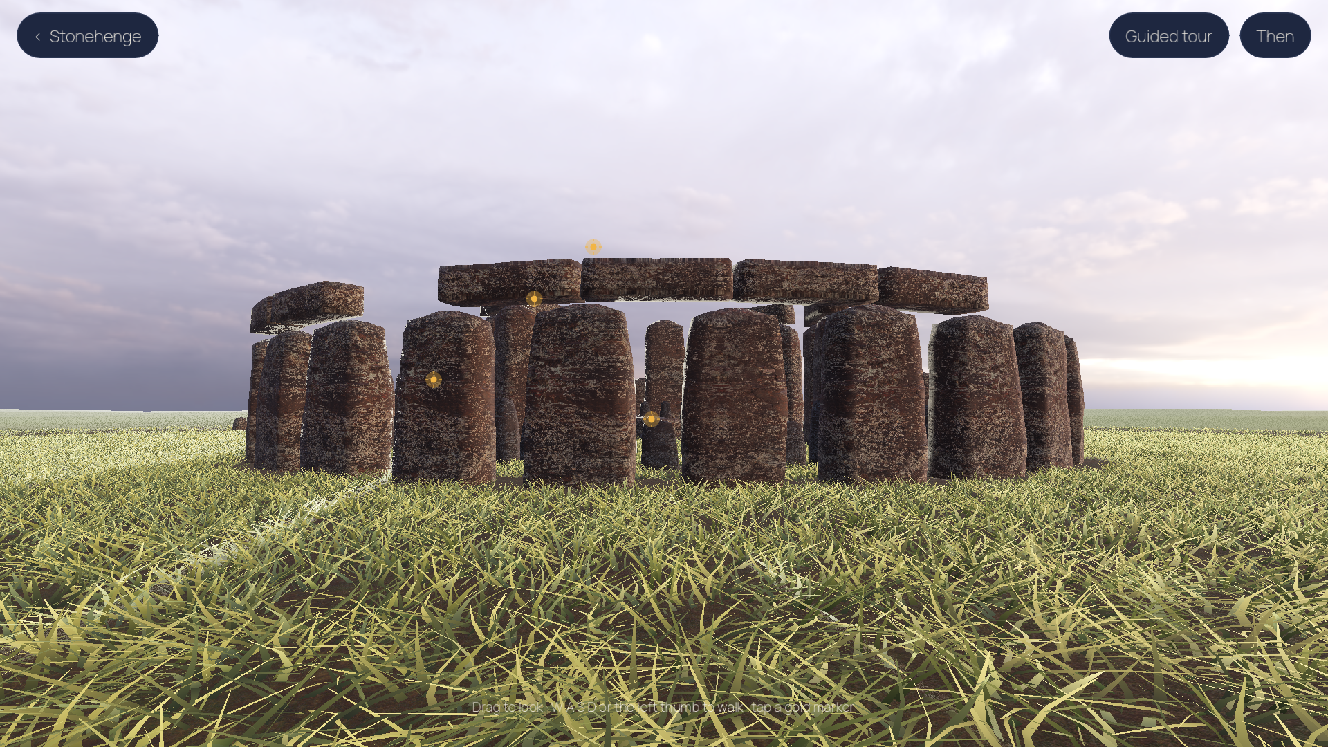 Stonehenge rendered in real time in Farstep, with the Guided tour and Then controls