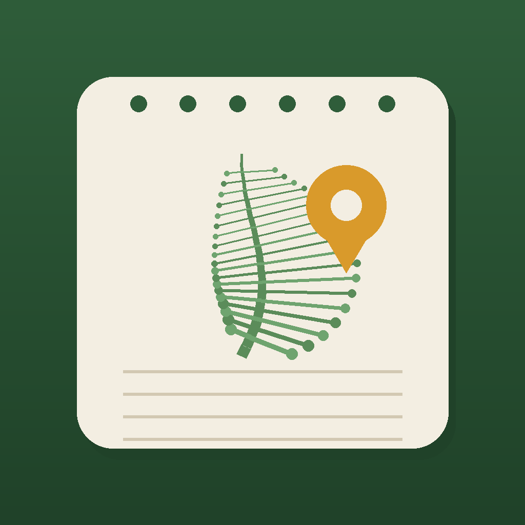 Forager's Field Notes app icon — a fern leaf and field-notebook mark on a deep forest-green field