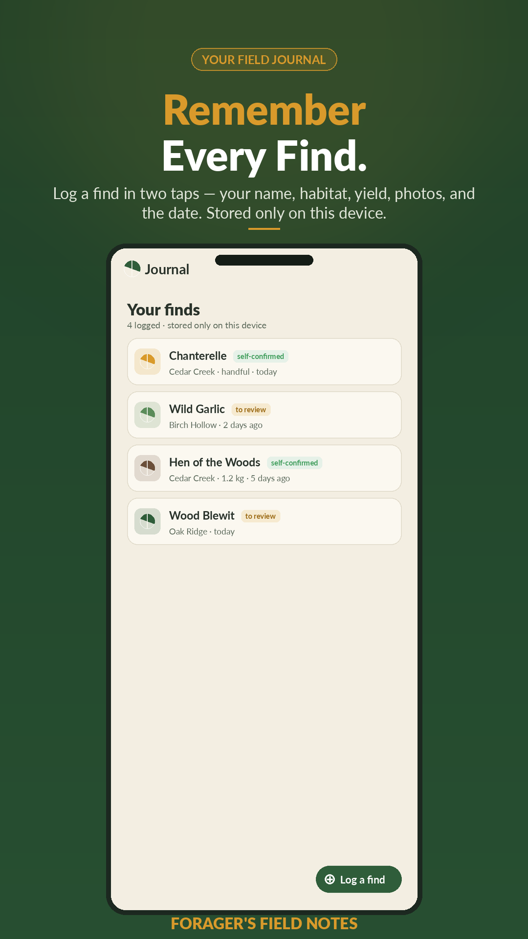 Forager's Field Notes — the Journal screen showing a list of logged finds with the forager's own common name, category, yield, habitat, date, and patch for each entry