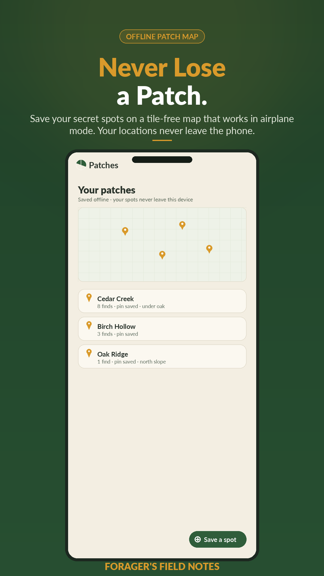 Forager's Field Notes patches screen showing saved secret spots on an offline schematic map with finds attached to each patch