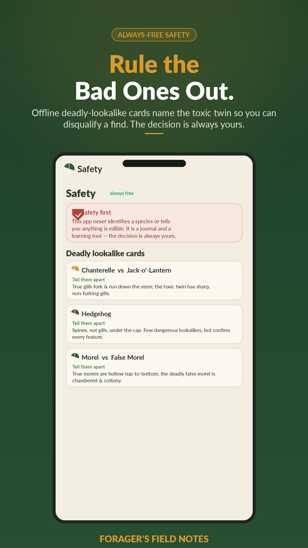 Forager's Field Notes offline lookalike field guide showing a deadly-twin comparison card between a commonly confused edible and toxic pair