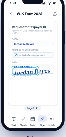 FormFill editor — a rental application form filled in with typed text, a checkmark, and a date, ready to sign and send