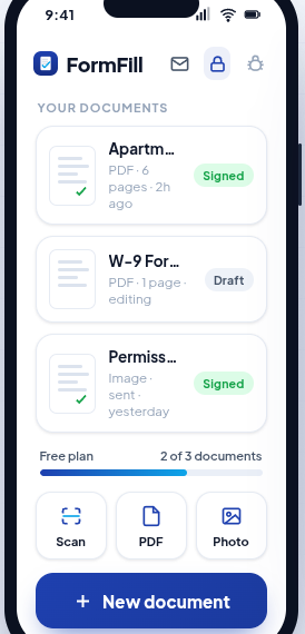 FormFill home screen showing a document library with a rental application ready to fill