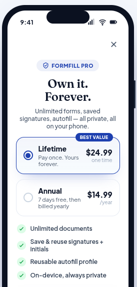 FormFill Pro screen showing a one-time Lifetime option and an annual plan with a free trial