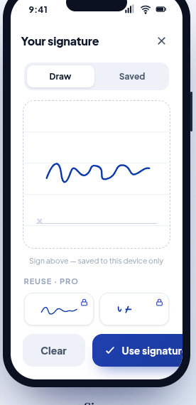 FormFill signature pad with a drawn signature ready to reuse