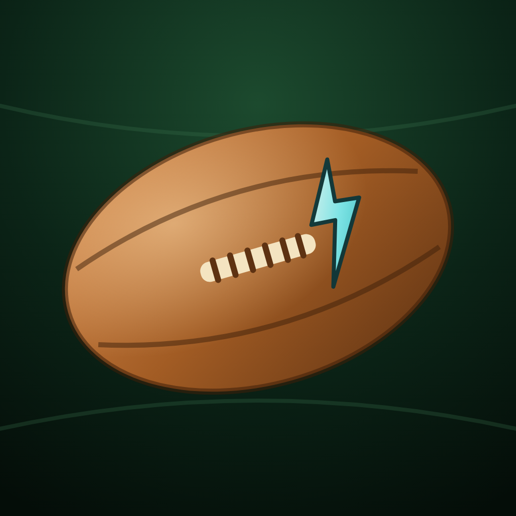Gunnr app icon: a leather football with a cyan lightning-bolt accent on a dark stadium-night field.