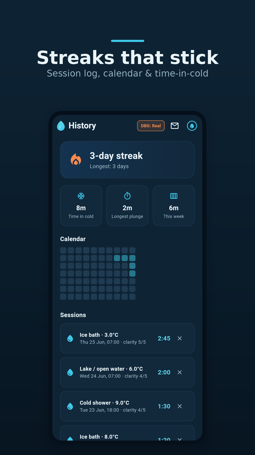 Kelvin session log and calendar heatmap showing streaks and total time-in-cold