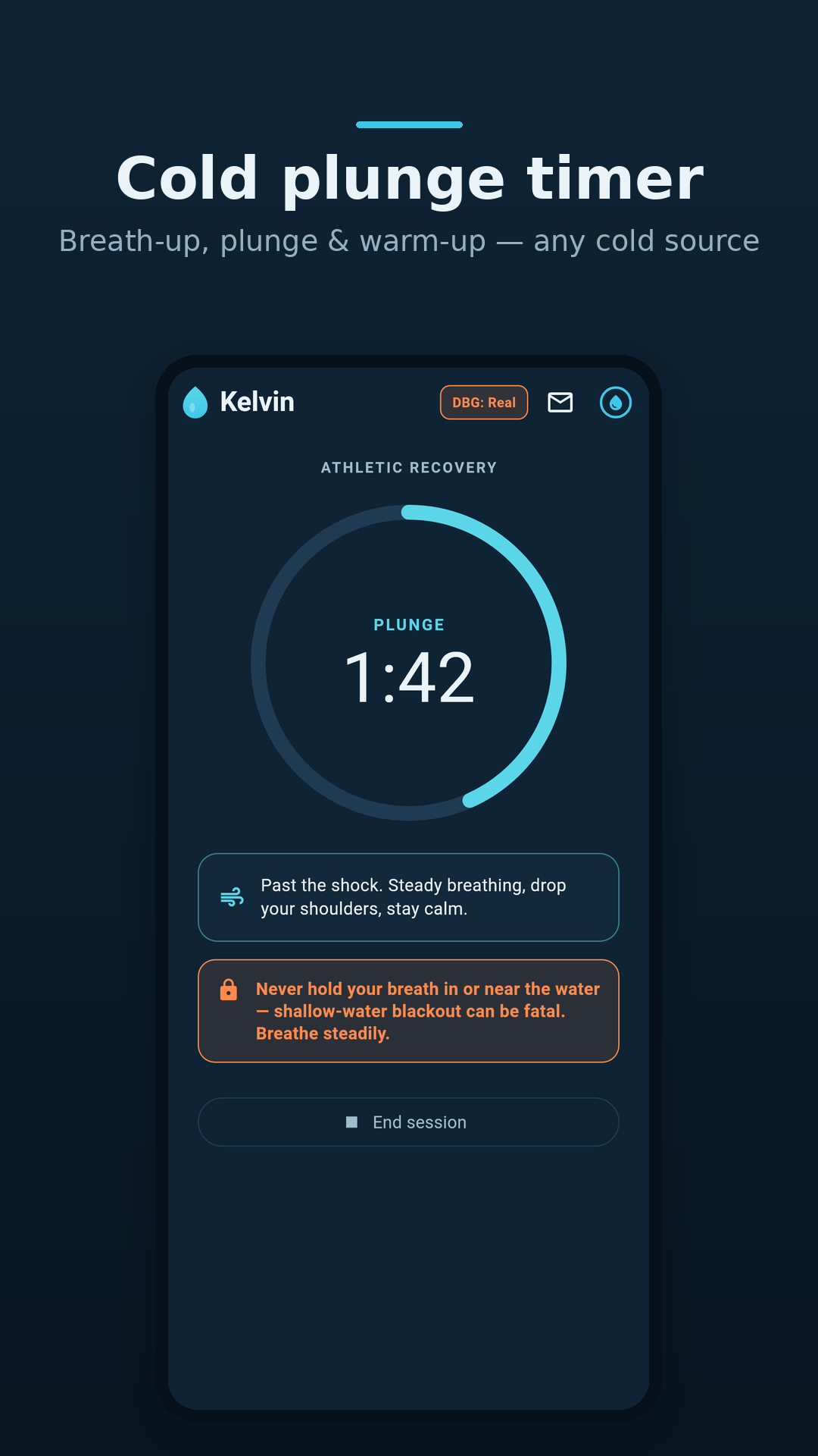 Kelvin — the plunge timer screen showing a breath-up phase, plunge countdown, and the first-30s cold-shock coach