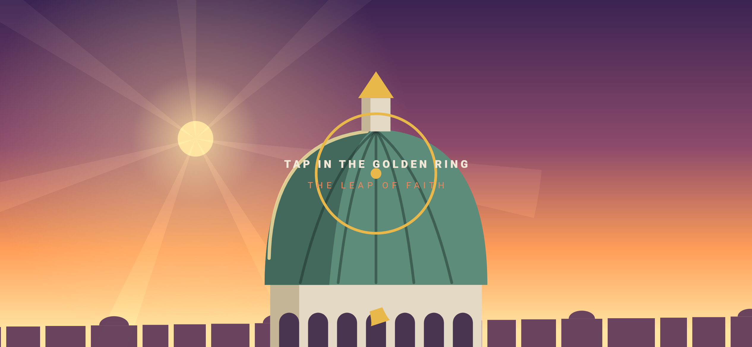 Leap of Faith — the leap-of-faith timing moment at a cathedral dome, a golden ring shrinking over the dome with the prompt 'Tap in the golden ring — the leap of faith'