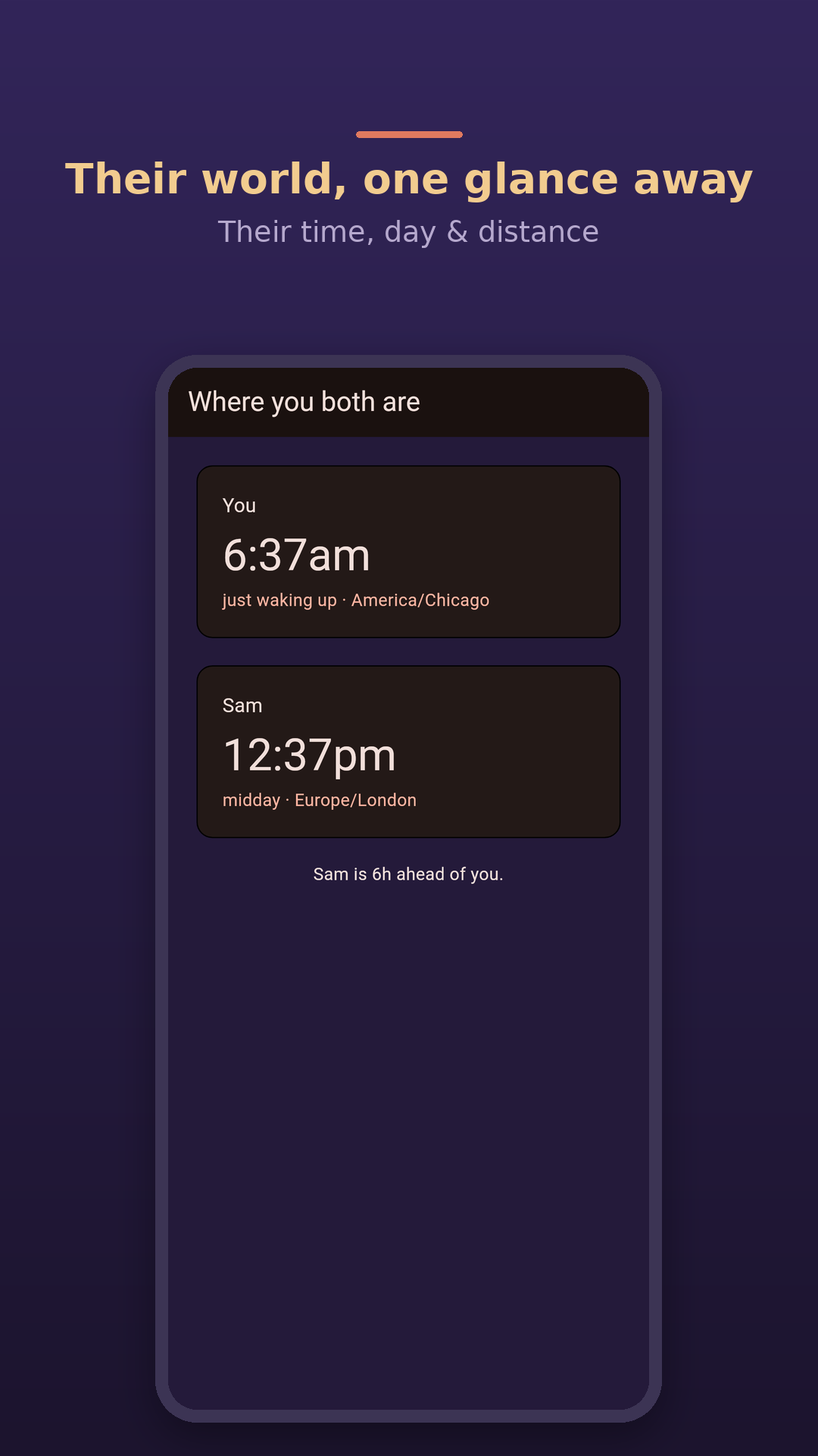 The Long Goodbye app showing a couple widget with partner's local time and a reunion countdown