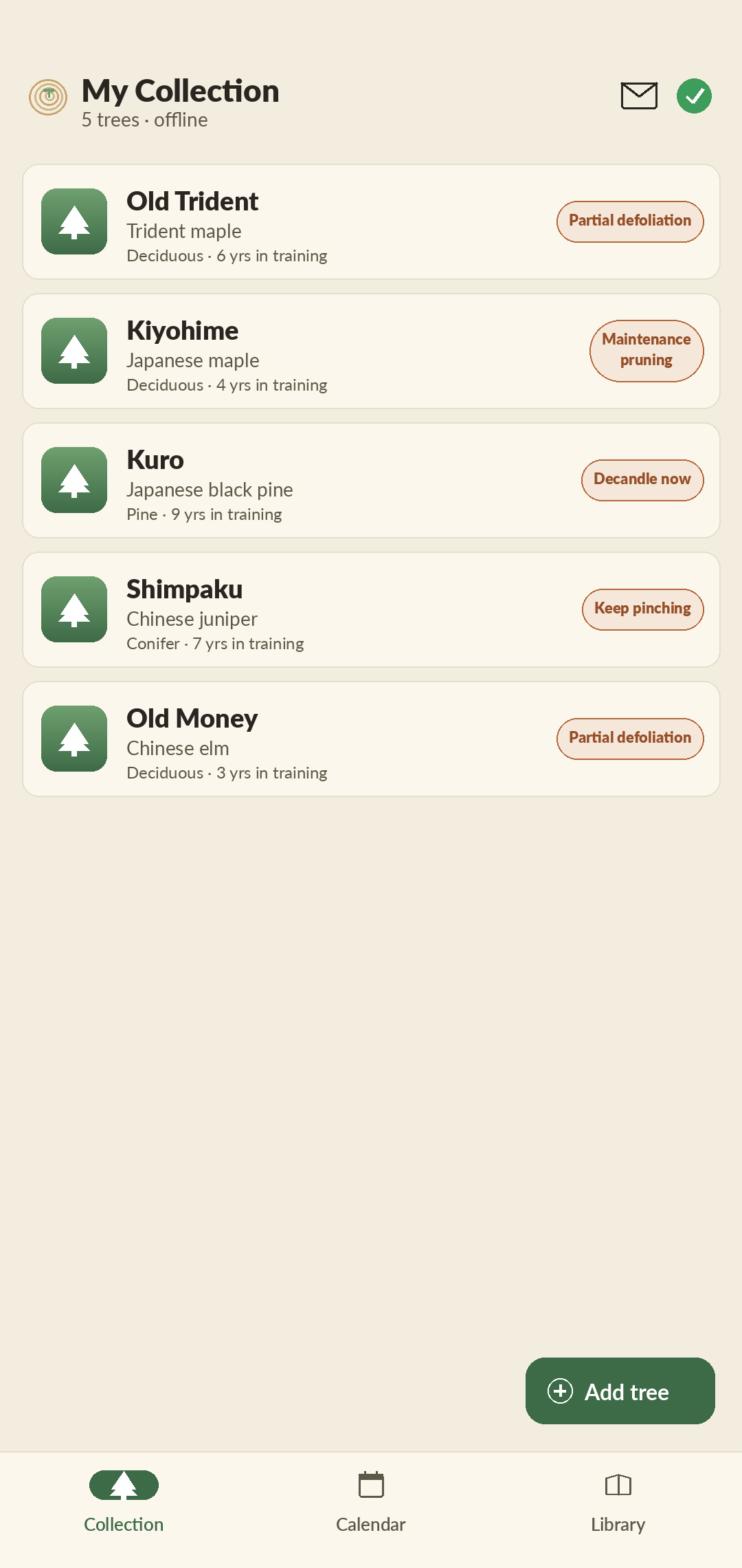 Mokume — the Collection screen showing a bonsai inventory with species, species class, years in training, and recent work for each tree