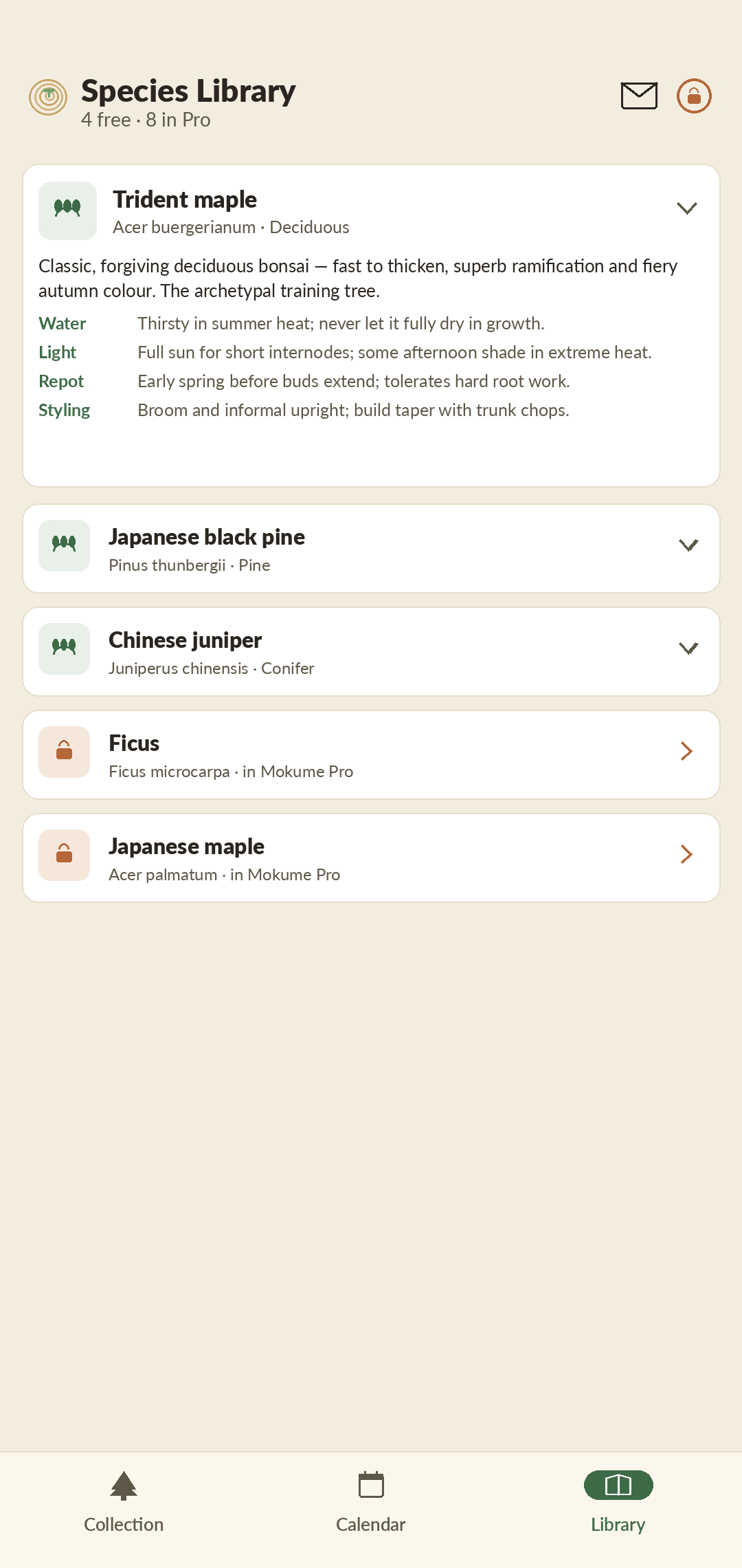 Mokume species library screen showing bundled bonsai species care notes with the option to add your own species