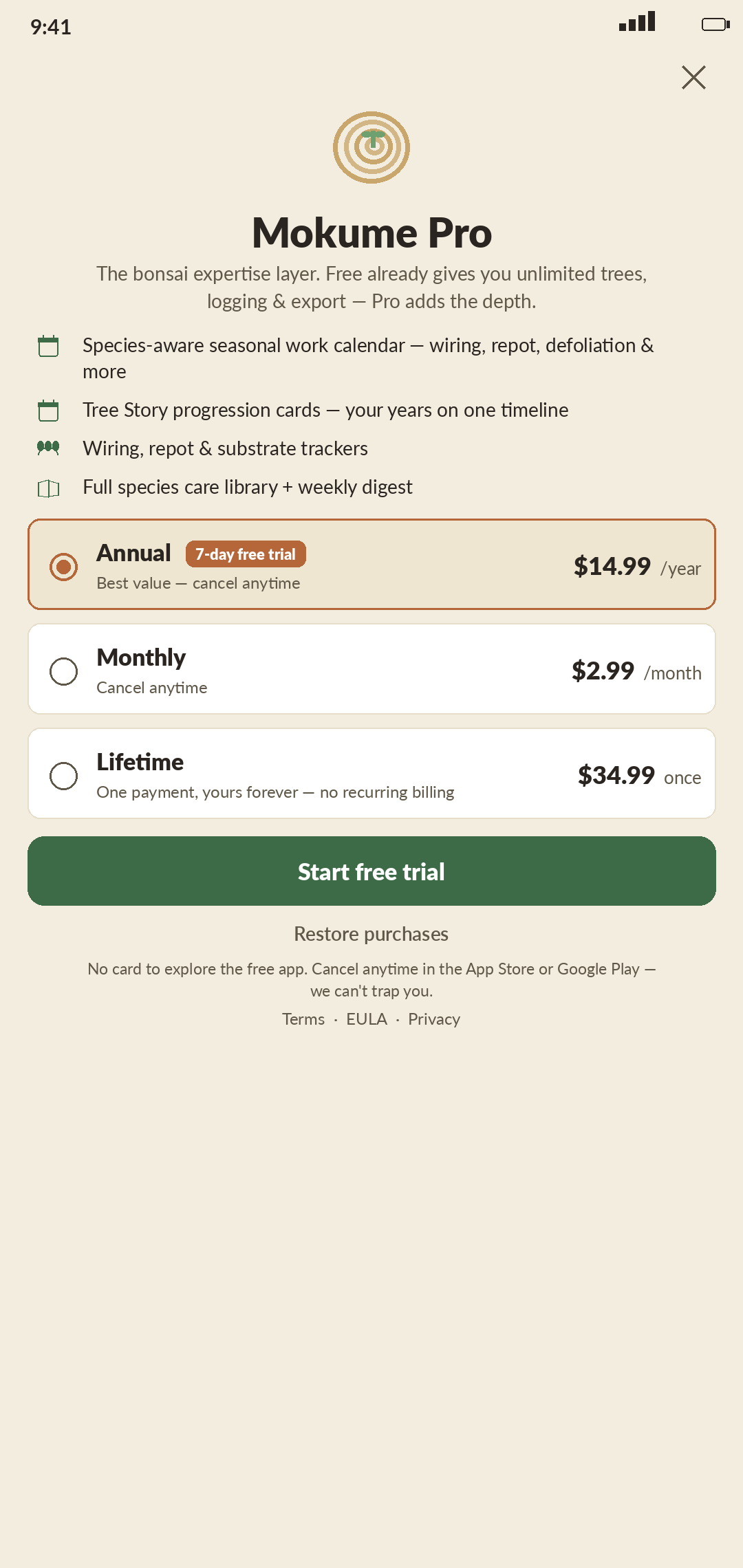 Mokume Pro screen showing honest, store-managed pricing that stays 100% on-device, with unlimited trees free for everyone