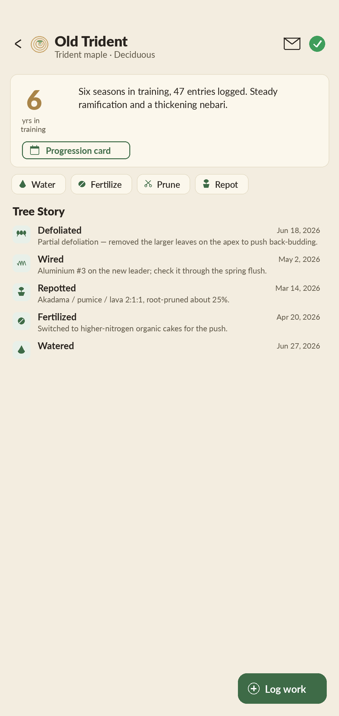 Mokume Tree Story screen showing a per-tree photo and work progression timeline across years in training