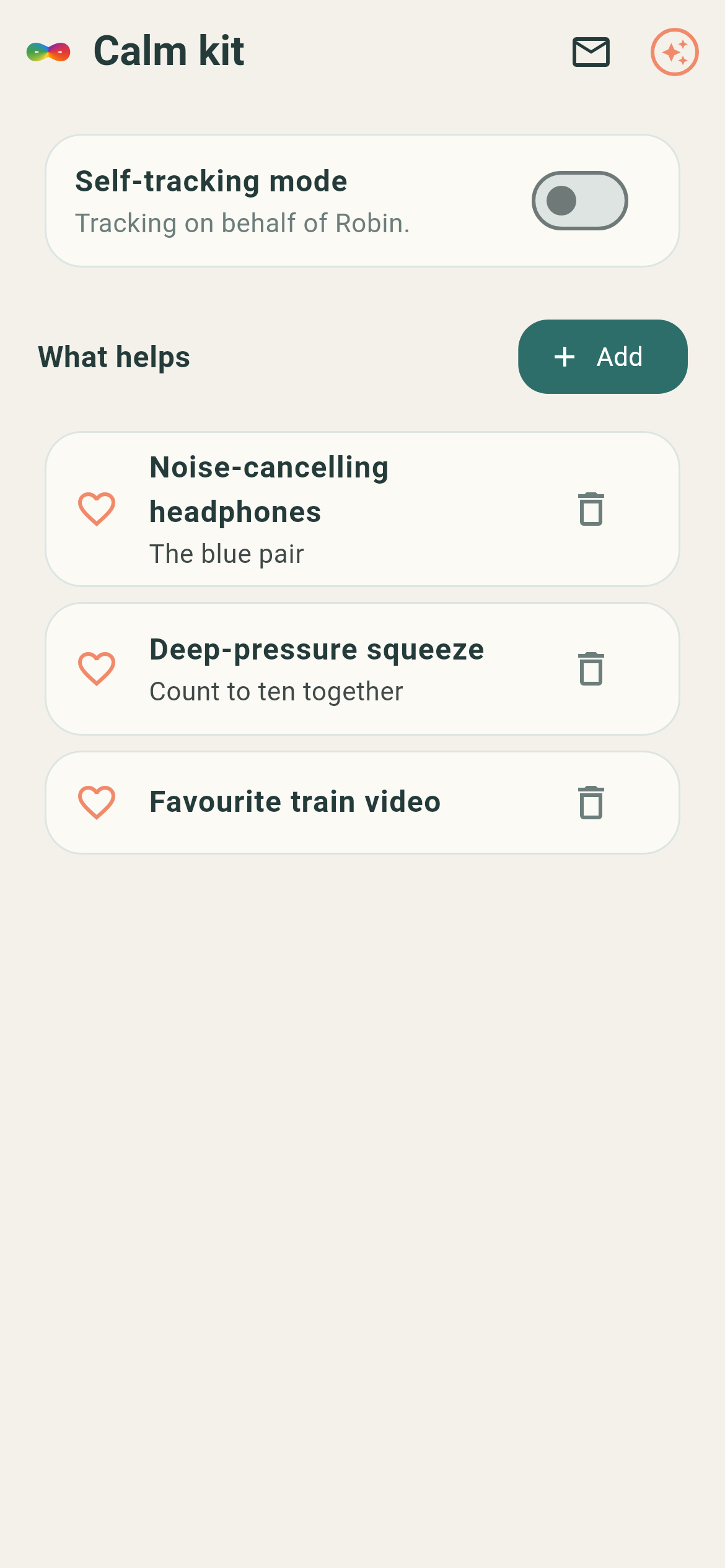 Nello calm kit screen listing what calms the child