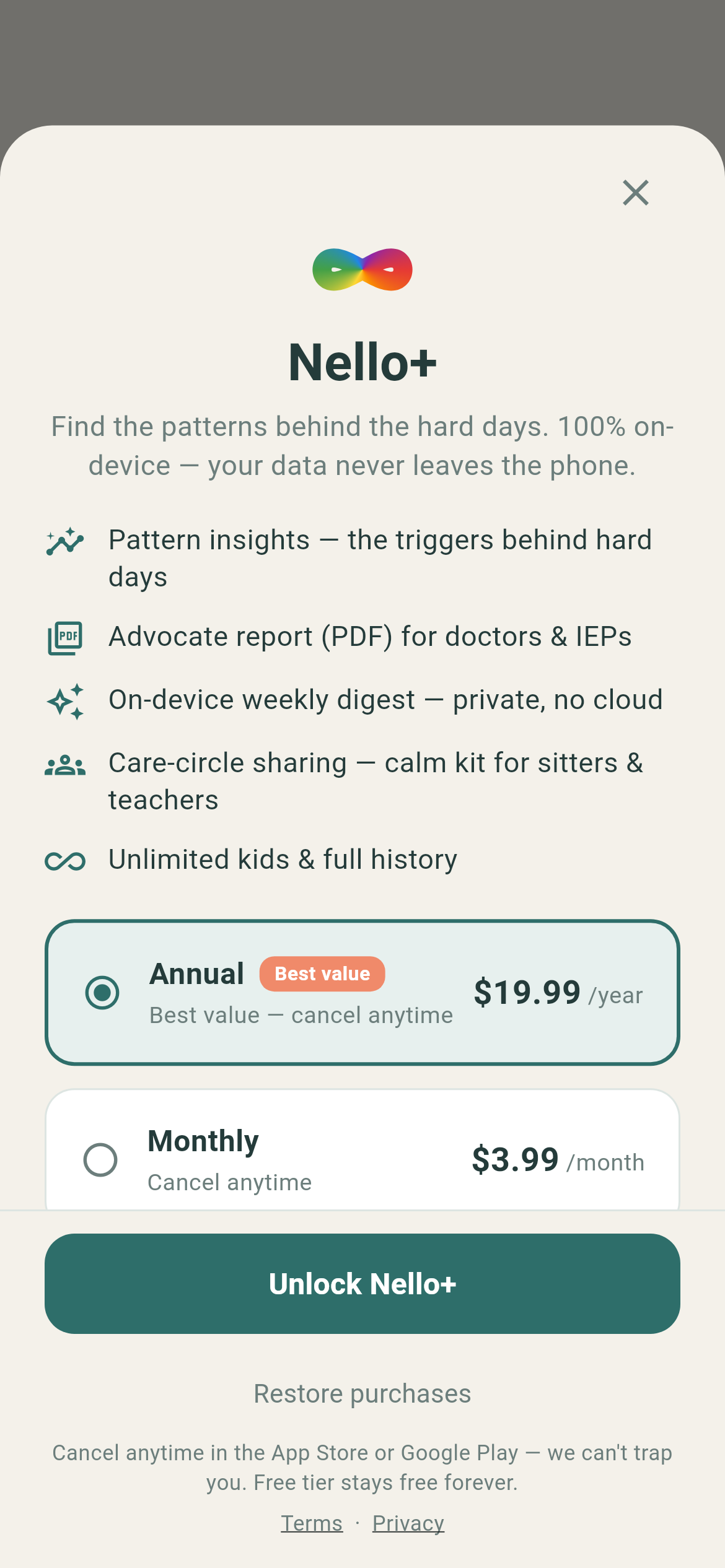 Nello+ screen showing honest, store-managed pricing
