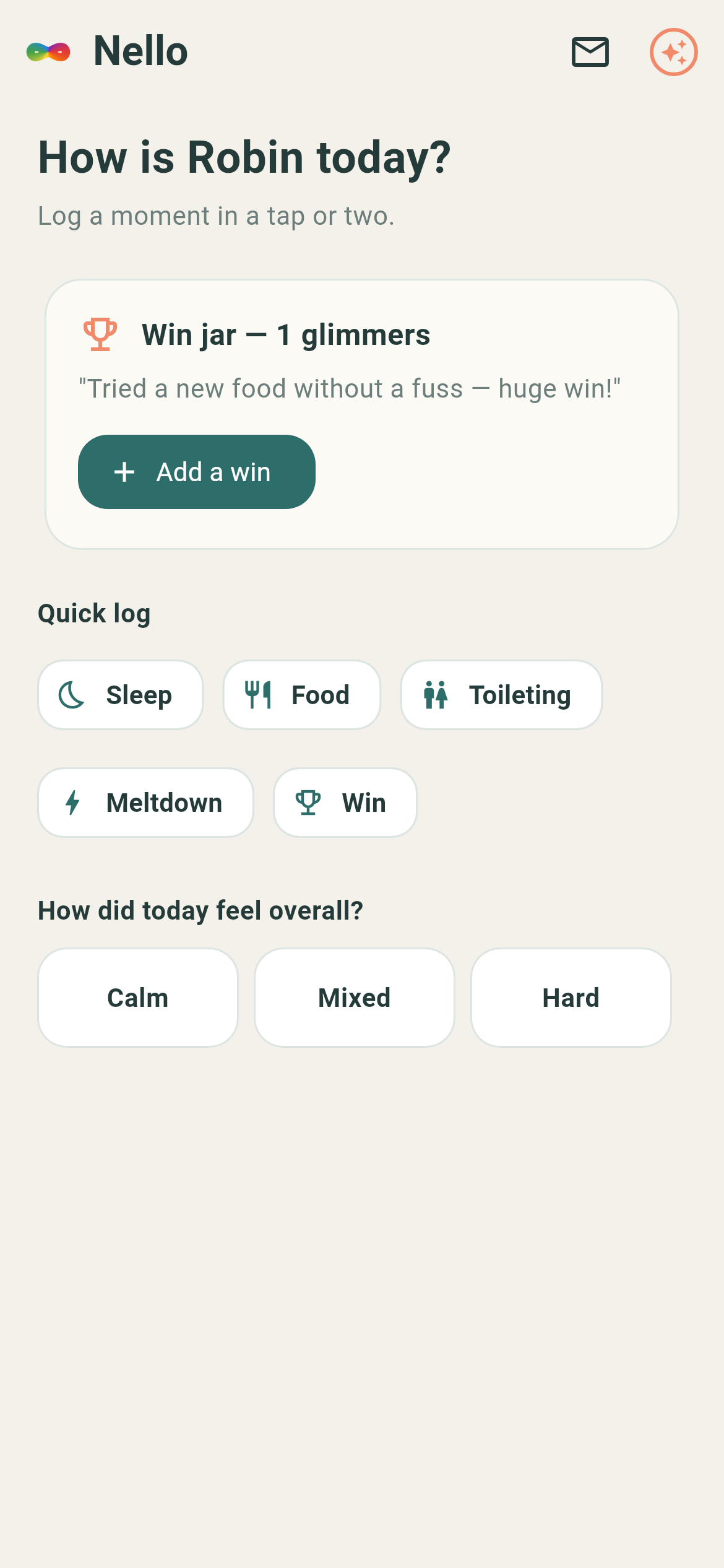 Nello — the Today screen showing a warm greeting, the win jar, and a 10-second quick log