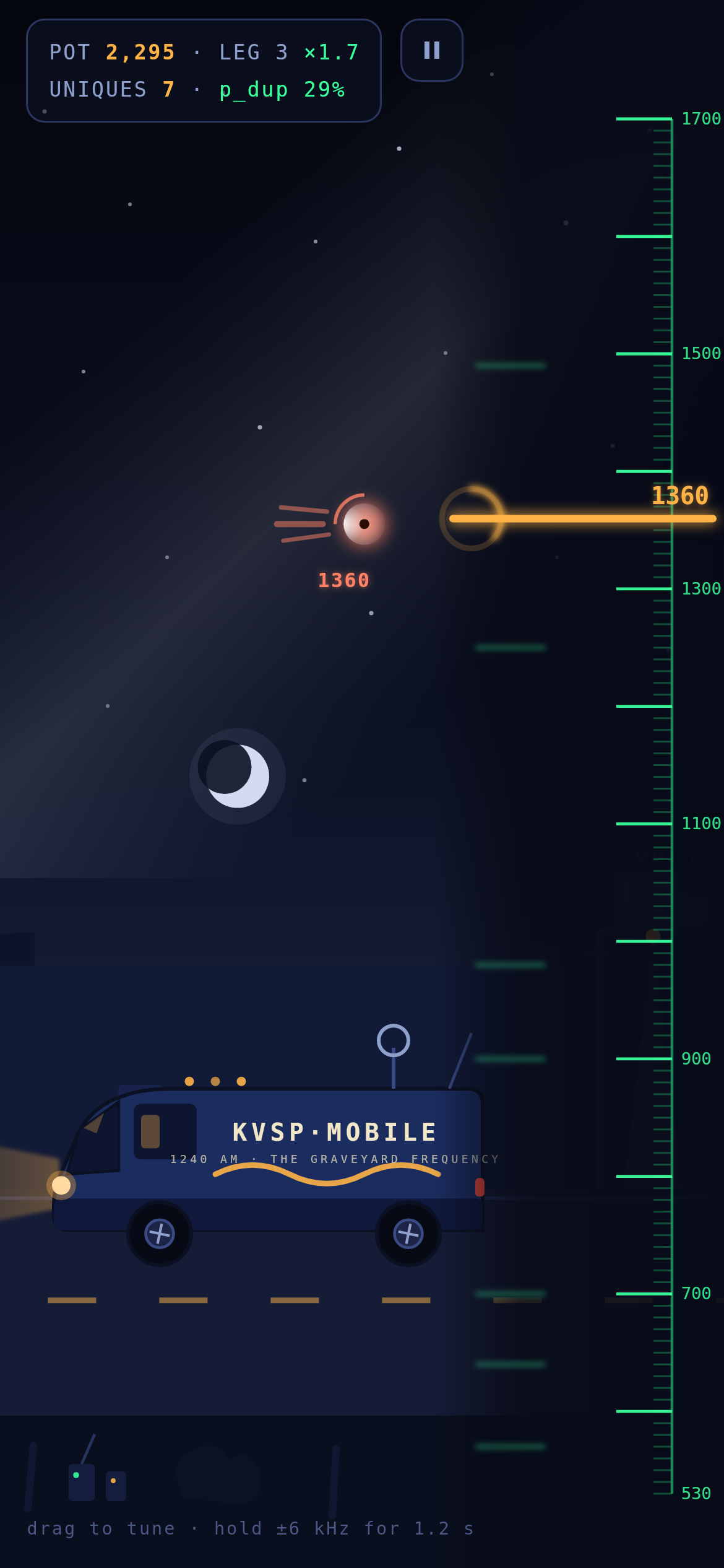 Nightband gameplay — the drive screen at night: the radio van on the desert highway, two glowing signal-wisps drifting with their frequencies printed beside them, and the amber needle mid-capture on the phosphor-green band strip, with the pot, leg, multiplier and duplicate odds in the HUD