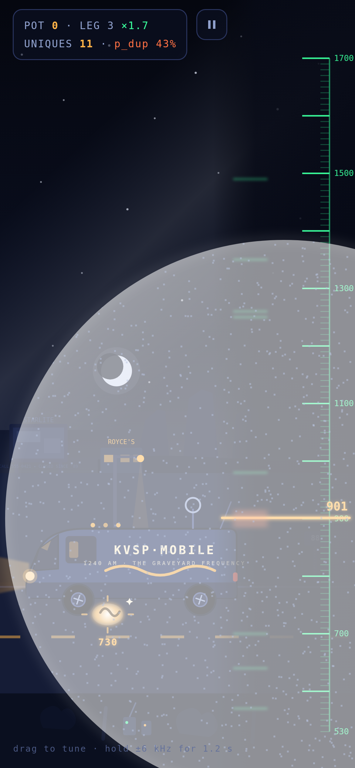Nightband's static flood — the death choreography: white noise blooming outward from the fatal frequency across the dial and the desert, like frost growing on glass, after the player caught the same frequency twice