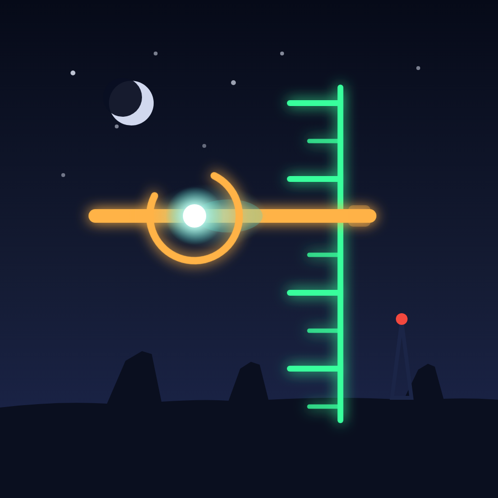 Nightband app icon — an amber radio needle tuned across a phosphor-green frequency ruler over an indigo desert night