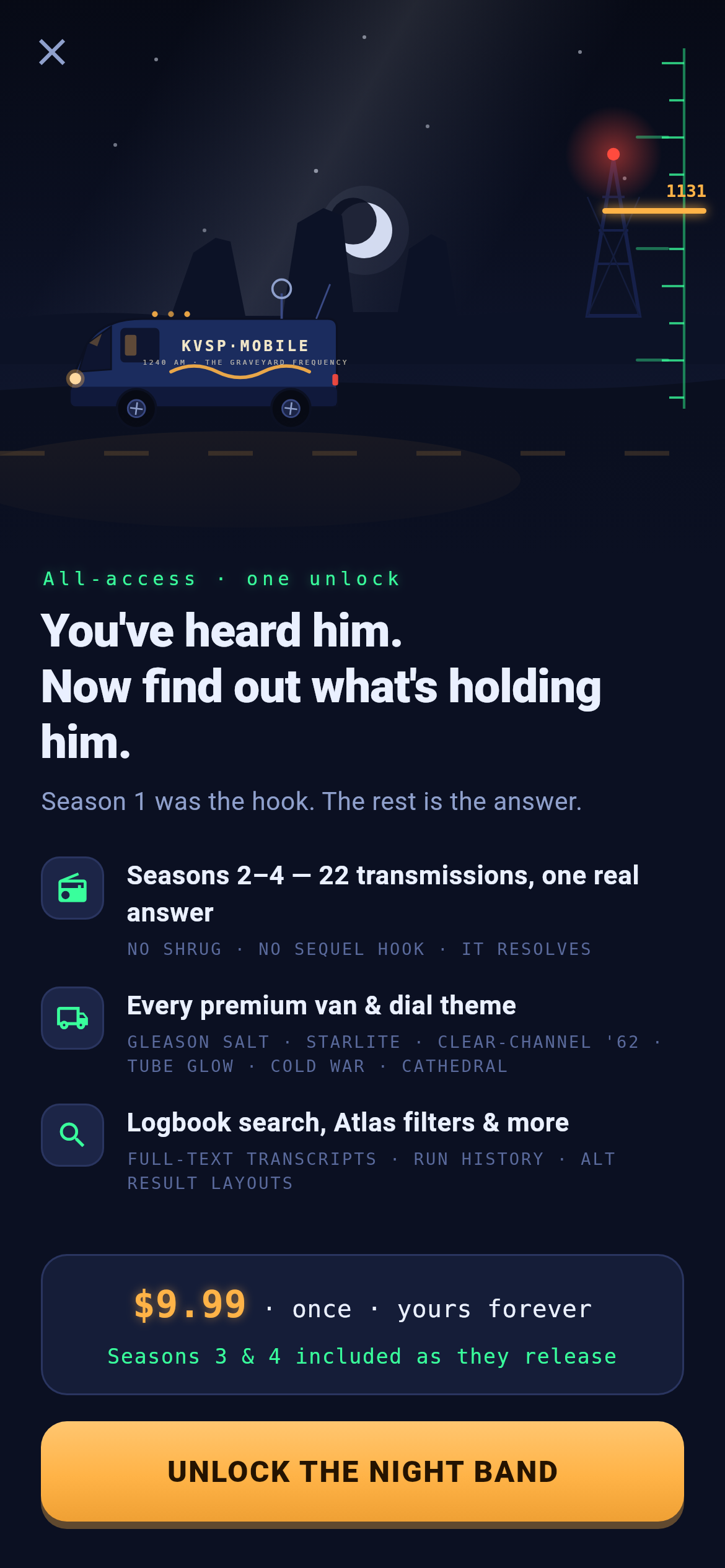 Nightband's unlock screen — a single $9.99 one-time purchase unlocking Seasons 2 to 4, every premium van livery and dial skin, and Logbook search, with Seasons 3 and 4 included free as they release. No subscription