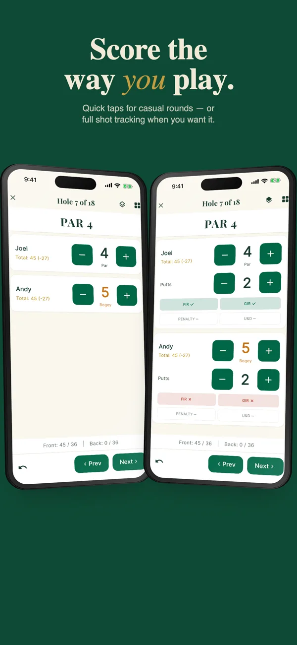 Live scoring screen with quick taps and full shot tracking