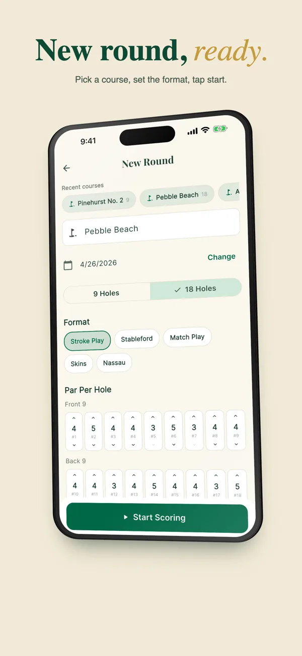 New round setup screen — pick course, format, holes, and par per hole