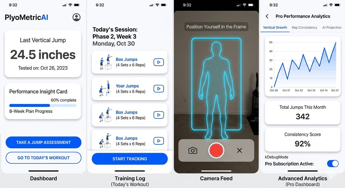 PlyometricAI app dashboard, workout log, camera assessment, and analytics screens