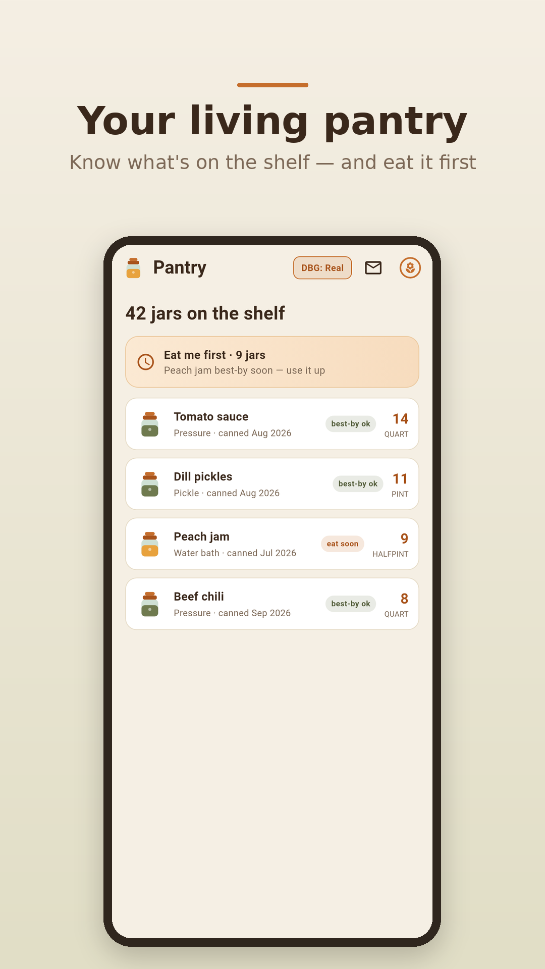 Putby — the living pantry inventory showing jar counts, canned and best-by dates, and an 'Eat me first' rotation list