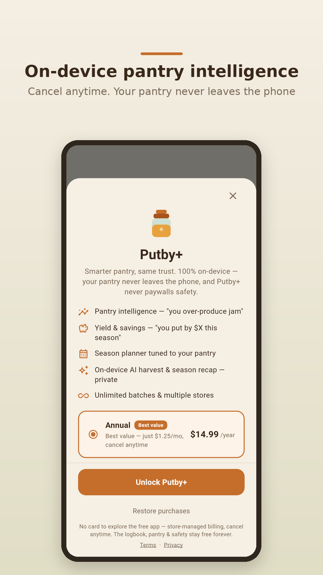 Putby+ screen showing honest, store-managed, on-device pricing