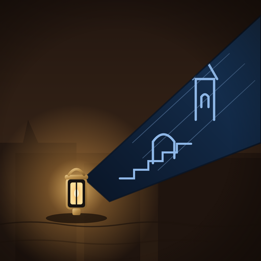 Shadewick app icon — a warm lantern casting a blue umbral shadow of an old staircase