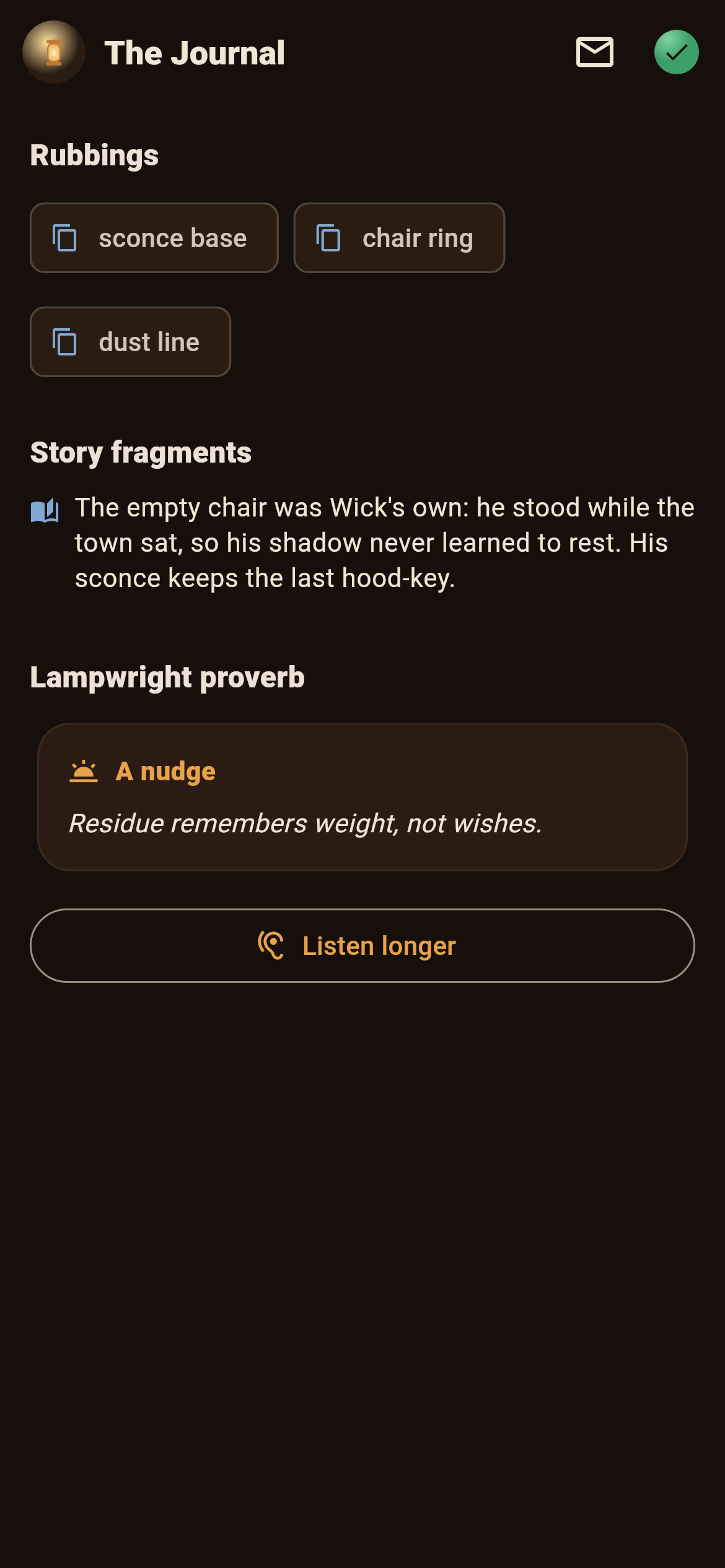 Shadewick journal showing residue rubbings and an escalating lampwright-proverb hint