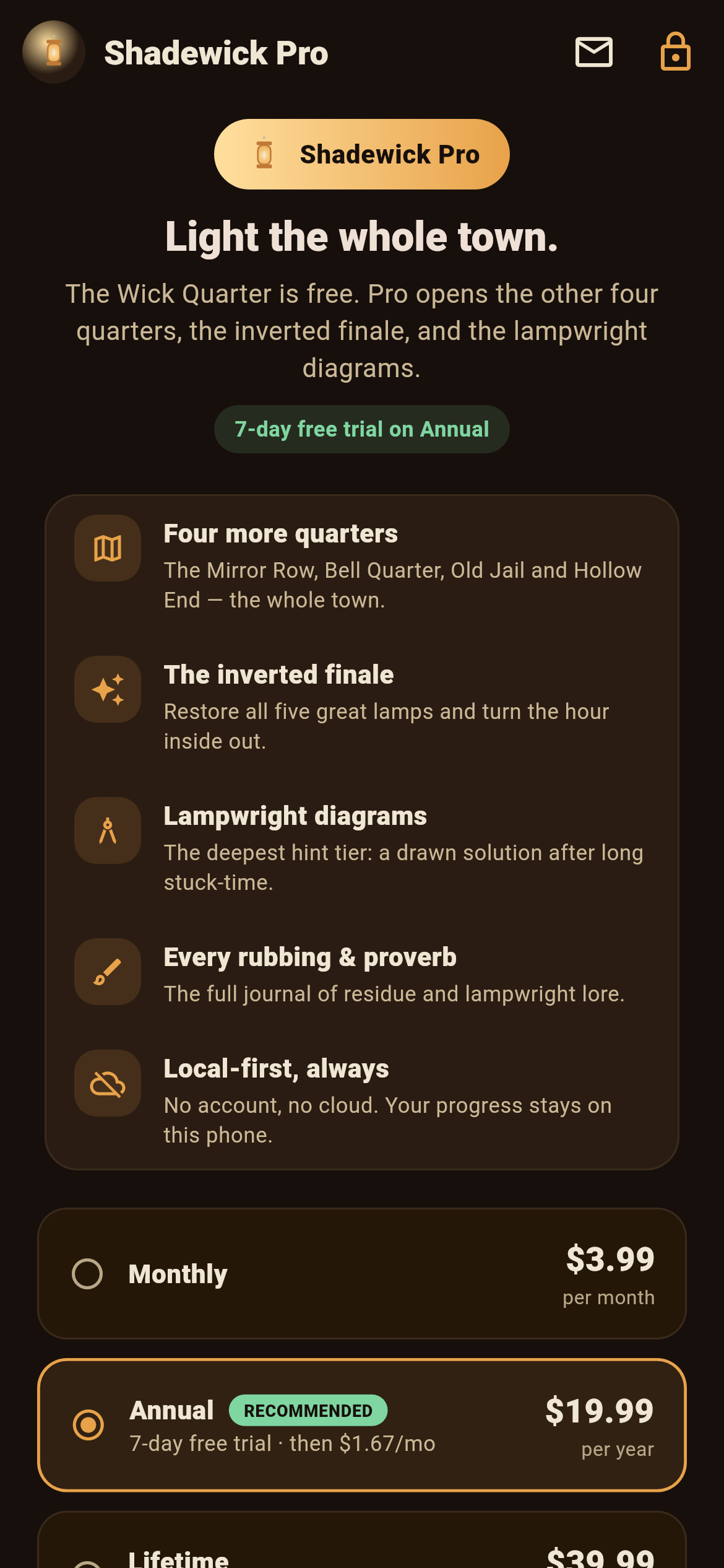 Shadewick Pro screen showing honest pricing — monthly, annual with a 7-day free trial, and a one-time lifetime purchase